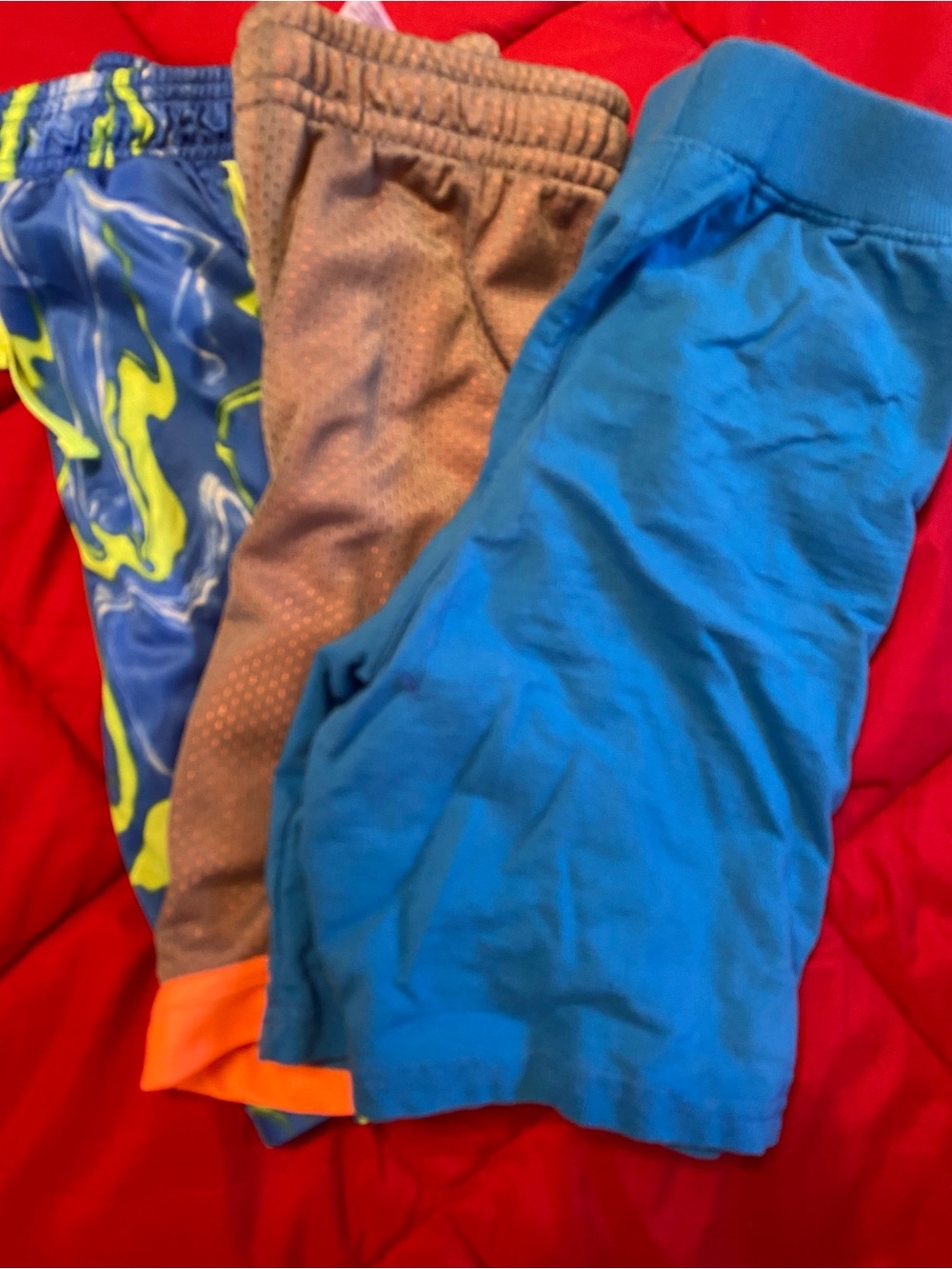Athletic Works Kids Blue, Gray, and Neon Green Patterned Shorts Trio